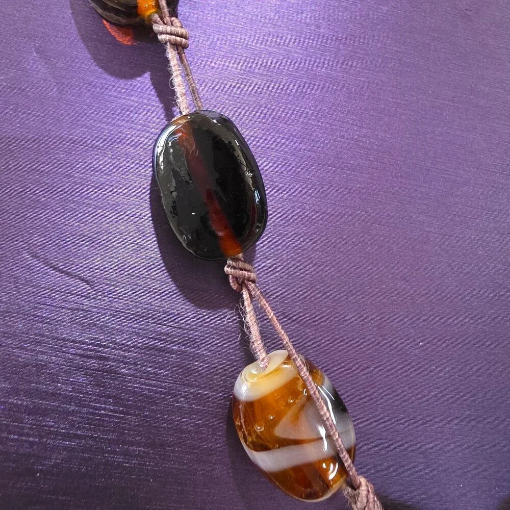 Artisan BOHO Earth Colors Rootbeer Brown Stripe Amber Art Glass Long Necklace